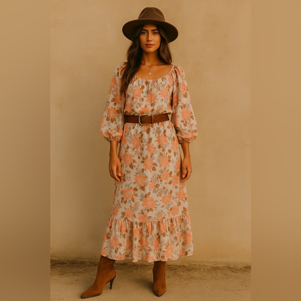 Floral Peach Blouse And Midi Skirt - Women's Tiered Boho Set - Handmade